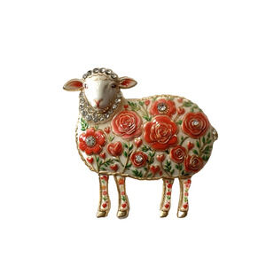Rose Floral Sheep Brooch Enamel Rhinestone Gold Tone Lamb Animal Figural Pin